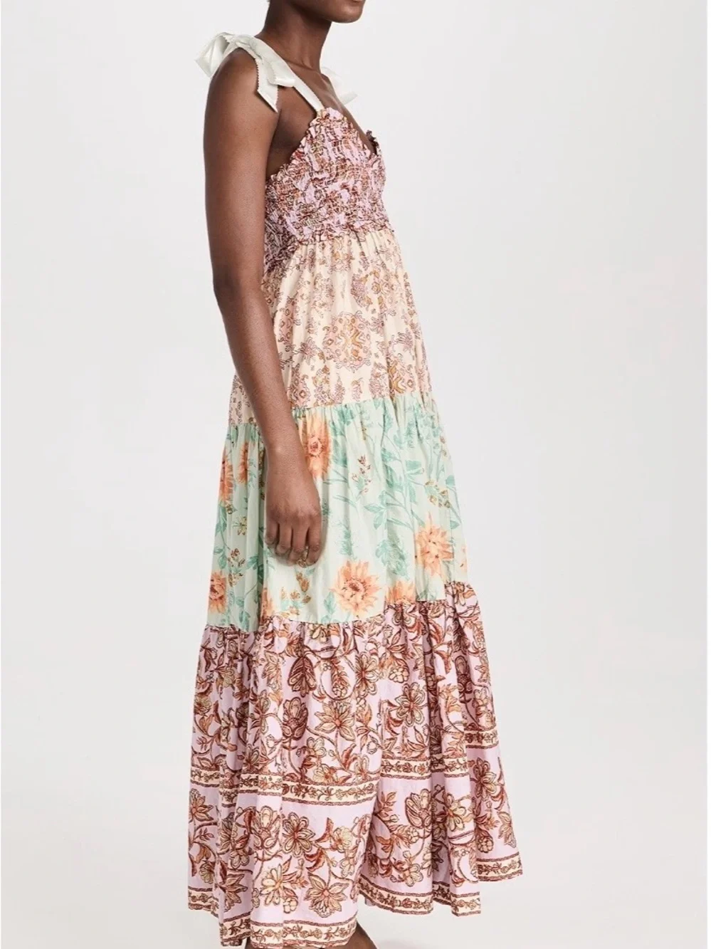 Free People Floral Tiered Maxi Dress with Tie Straps - Pink & Mint